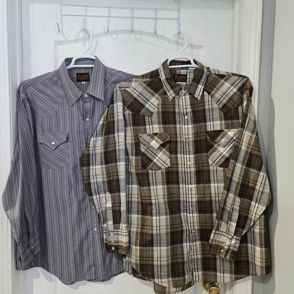 Plains Western Wear pearl Snap Shirts Mens XL Brown Plaid Grey Stripe 2pk rodeo‎